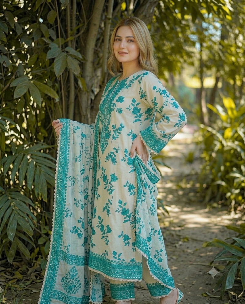 Aneela's Luxury Unstitched Replica Lawn 3PC Suit with Chiffon Trouser & 9MM Sequence Work