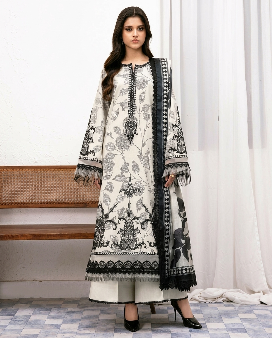 Summer Collection 2026 Embroidered Lawn 3 Piece Suit with Digital Printed Swiss Voile Dupatta – Code 5149