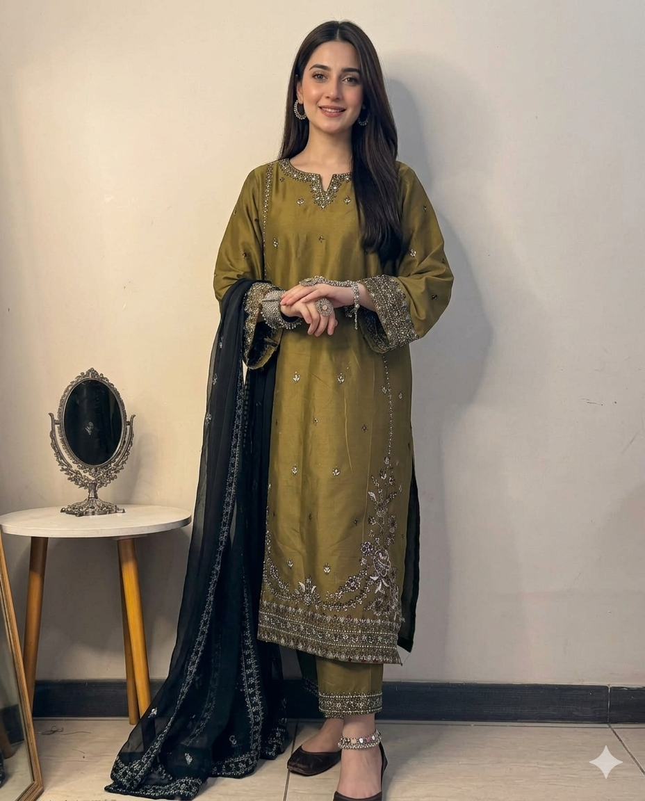 Mehandi Green 3 Piece Embroidered Lawn Suit – Heavy Embroidered Front, Sleeves & Ready-to-Wear Embroidered Dupatta