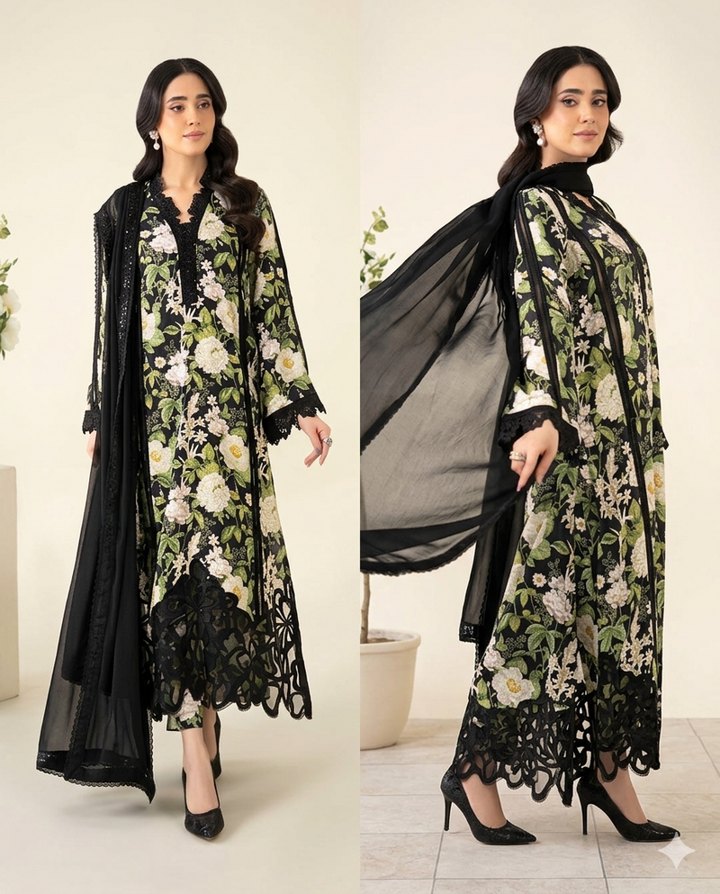 Summer Collection 2026 Unstitched 3 Piece Printed Lawn Suit with Embroidered Bamber Chiffon Dupatta – Code 5018