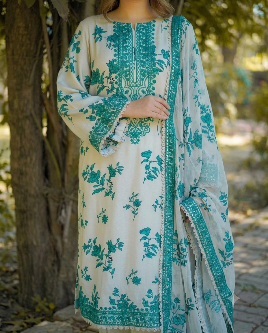 Aneela's Luxury Unstitched Replica Lawn 3PC Suit with Chiffon Trouser & 9MM Sequence Work