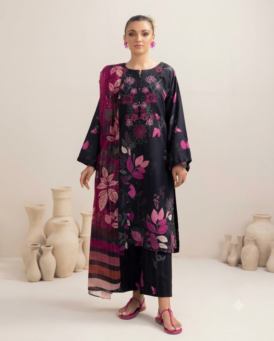 Summer Collection 2026 Premium Embroidered Lawn 3 Piece Suit with Digital Printed Swiss Voile Dupatta