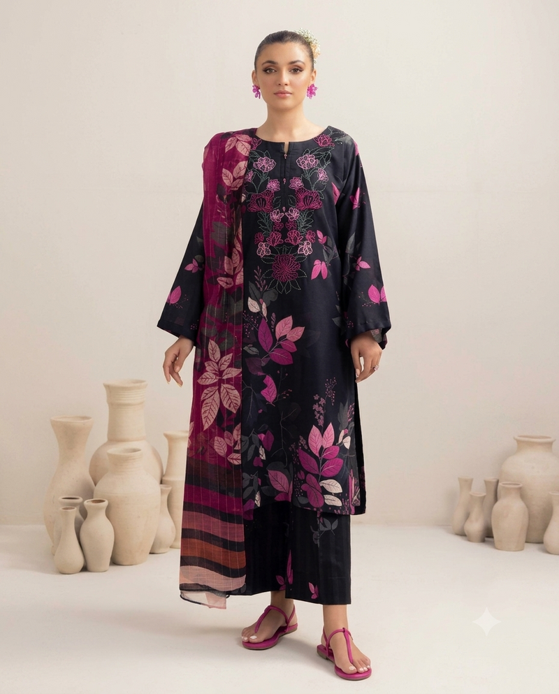Summer Collection 2026 Premium Embroidered Lawn 3 Piece Suit with Digital Printed Swiss Voile Dupatta