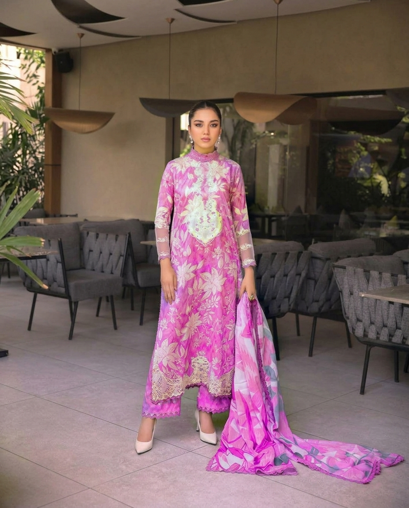 Maria B Luxury Embroidered Lawn 3 Piece Suit with Swiss Voile Digital Printed Dupatta | Unstitched Summer Collection 2026