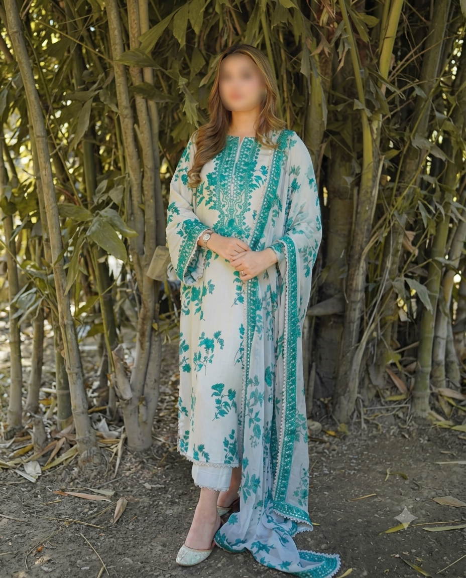 Aneela's Luxury Unstitched Replica Lawn 3PC Suit with Chiffon Trouser & 9MM Sequence Work
