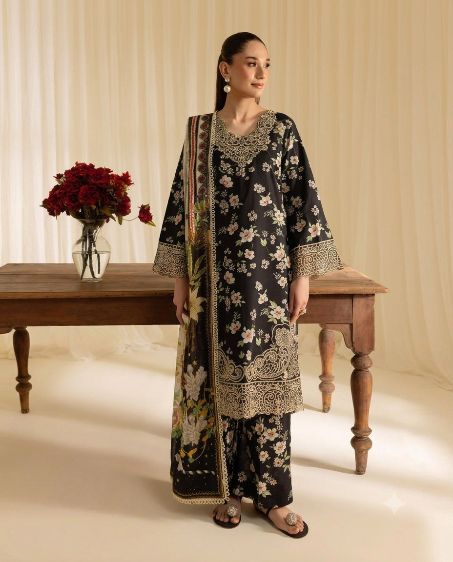 Summer Collection 2026 Premium Embroidered Lawn 3 Piece Suit with Digital Printed Swiss Voile Dupatta
