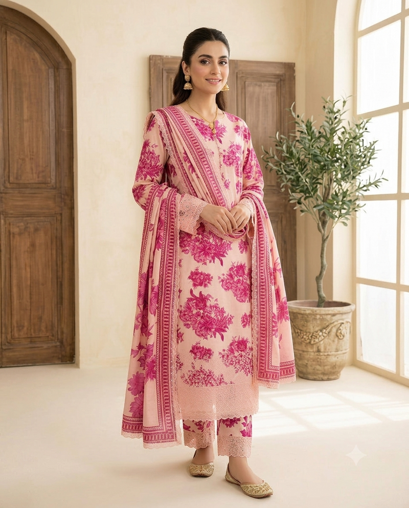 Summer Collection 2026 Lawn Embroidered 3 Piece Suit – Code 5149 | Printed Lawn Dress with Embroidered Voile Dupatta